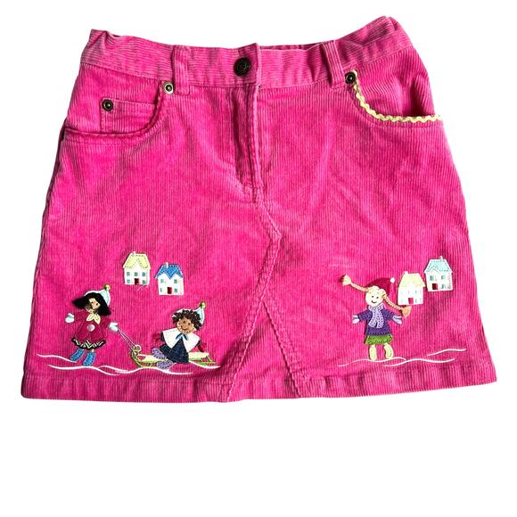 Talbots Kids Pink Corduroy Skirt Embroidered Winter Scene Size 6 Stretch - Picture 1 of 7